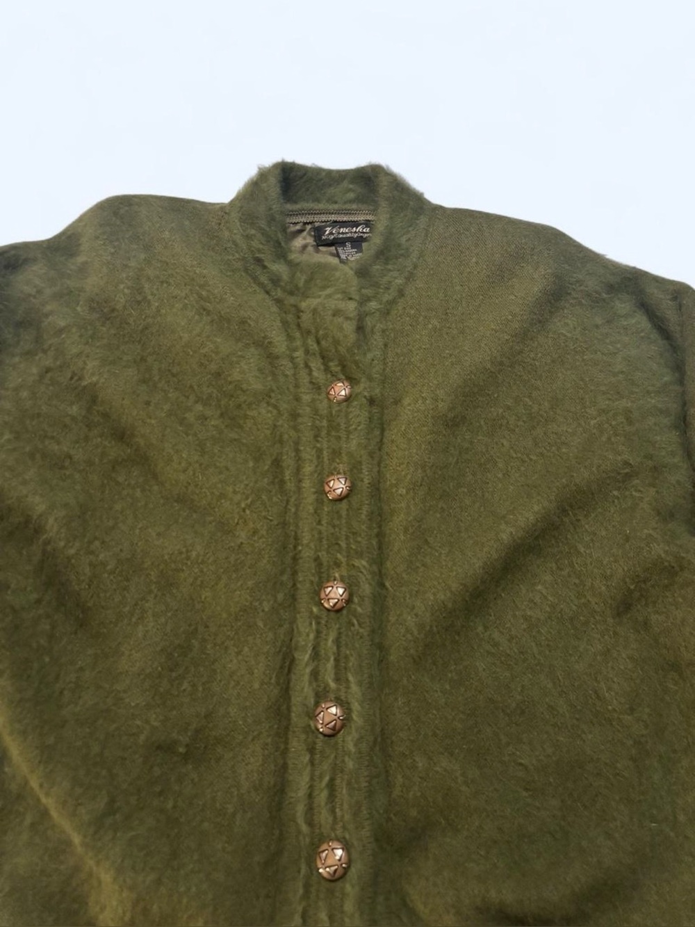 Vintage Venesha Angora Knit Cardigan Jacket Sweater Small Olive Green Fuzzy - Picture 3 of 7